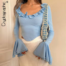 Cryptographic Elegant Frill Ruffle Detail Flare Sleeve Tops Low Plunge Neck Slim Tie Back Y2K Sexy Cropped Tops Solid Clothes