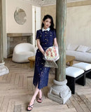 The Cobalt Lace | Floral Lace Patchwork Midi Dress with Retro Turn-Down Collar