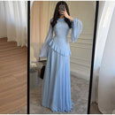 Fashion Flare Sleeve Ruff Long Dress Women Solid O-neck High Waist Slim Pleated Maxi Dresses 2025 Lady Summer Chic Party Robes