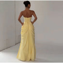 The Aurelian | Butter Yellow Mesh-Spliced Asymmetric Evening Gown