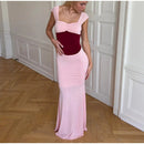  Women Sexy Color Blocking Halter Maxi Dresses Elegant Backless Off shoulder Sleeveless Slim Gowns 2026 New Lady Party Vestidos
