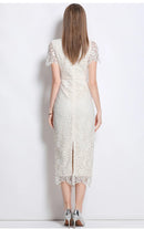 Luxury Crystal Chain Lace Formal Dress Women Summer Vacation Short Sleeve Single Breasted Bead Lace Pencil Long Dresses Evening