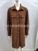 Retro Chic Women Midi Dress Corduroy Fabric Lapel Collar Popular Button Front Loose Fit Long Sleeve Comfy Casual Daily Outfit