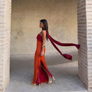 Fashion Women Color Blocking Scarf Collar Sling Dress Sexy Split Waist Cinching Bodycon Maxi Gowns 2026 Lady Club Party Vestidos