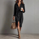 Retro Chic Women Midi Dress Corduroy Fabric Lapel Collar Popular Button Front Loose Fit Long Sleeve Comfy Casual Daily Outfit
