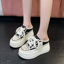 9.5cm Increasing Height Women Slippers 2024New Summer Autumn Canvas Mules Shoes Ladies Round Toe High Wedge Platform Slides Shoe