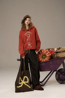 ELFSACK 2025 Autumn New Arrivals Retro Casual Large Area Print Long Drawstring Hooded Hoodie For Woman