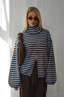 Casual Stripe Scarf Loose Top Women Fashion Full Sleeve O-neck Single Breasted Knitted Coats Female 2026 Autumn Lady Outwears