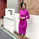 WillBeNice Vintage Office Lady Fuchsia Bandage Dress Fashion Women Long Sleeve Dress Bodycon Zipper Slim Elastic Luxury Dresses