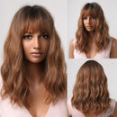 JONRENAU Middle Long Straight Hair with Bangs Ombre Brown to Blonde Wig Dark Roots Synthetic Wigs for Women Heat Resistance Hair