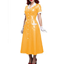 Elegant Women Midi Dress Shiny PVC Leather Turn-down Collar Patchwork Single-Breasted Long Dress Party Club  A-line Female Dress
