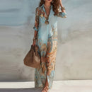 Women Summer Long Sleeve Maxi Dress Vintage Printed Fashion European Daily Casual Flowy Sundress