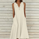 Breathable Summer Women Midi Dress Linen Blend Notch V Neck Dress Button Sleeveless Loose Fit Dresses Comfy Casual Beach Outfit
