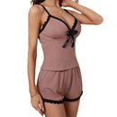 Summer Casual Women's New Comfortable Ribbed Fabric Pajama Set Women's V-Neck Bow Top And Shorts Pajama Set  Pijama Verano