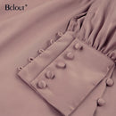 Bclout Elegant Satin Single-Breasted Shirt Dress Fashion Beige Slim V Neck Long Dresses Woman Latern Sleeve Autumn Winter Robe