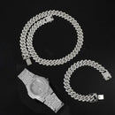 Necklace +Watch+Bracelet Hip Hop Miami Curb Cuban Chain Gold Color Iced Out Paved Rhinestones CZ Bling Rapper For Men Jewelry