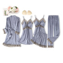Black Sexy Women Robe Set Faux Silk Kimono Bathrobe Gown 5PCS Sleepwear Suit Hollow Out Lace Nightgown Home Wear Wedding Gift