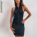 Fantoye Black Backless Halter Ruched Mini Dress Women 2021 Elegant Sleeveless Women Dress Skinny Spring Single Breasted Vestido