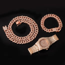 Necklace +Watch+Bracelet Hip Hop Miami Curb Cuban Chain Gold Color Iced Out Paved Rhinestones CZ Bling Rapper For Men Jewelry