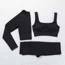 无缝瑜伽服运动套装健身服女长袖露脐上衣高腰打底裤罗纹运动套装