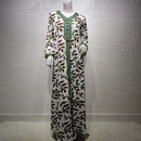 Siskakia Middle East Women Long Dress Ribbon V Neck Full Sleeve Leaves Print Maxi Dresses Turkey Arabic Dubai Muslim Clothing