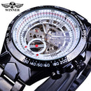 Forsining Waterproof Golden Black Skeleton Clock Two Button Decoration Mechanical Wrist Watches for Men Black Genuine Leather