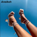 Aneikeh 夏季女士凉鞋，基本款 PU 时尚交叉绑带细高跟鞋，系带派对高跟鞋，尺码 35-42，黑色、白色、杏色