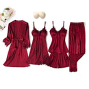 Black Sexy Women Robe Set Faux Silk Kimono Bathrobe Gown 5PCS Sleepwear Suit Hollow Out Lace Nightgown Home Wear Wedding Gift