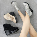 GKTINOO Fashion Rhinestones Gauze Sandals Summer New Mesh Boots Genuine Leather Women's Shoes Hollow Boots High Heels Wedges