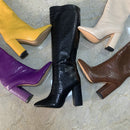 2022 Winter Faux Leather Women Knee High Boots Pointed Toe Long Chunky Block Heels Shoes Size 41 42 43