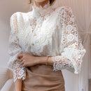 Blusas Mujer De Moda 2022 Spring Hollow Out Lace Shirt Women Office Lady Flower Blouse Stand Collar Button Female Clothing 12419