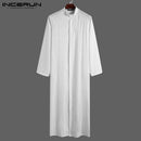 INCERUN Men Muslim Clothes Solid Color Jubba Thobe Long Sleeve Stand Collar Robes Dubai Middle East Men Islamic Arabic Kaftan