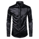 2pcs Silver Silk Shirt+Tie Mens Satin Smooth Tuxedo Shirts Casual Button Down Men Dress Shirts Wedding Party Prom Chemise Homme