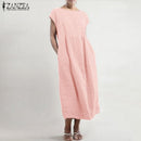 ZANZEA 2023 Summer Midi Dress Womens Sundress Vintage Short Sleeve Shirt Vestido Elegant Female O Neck Pleated Robe