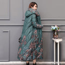 Chinese Style Women's Winter Down Cotton Jacket X-long Printing Loose Thick Outwear Hooded Loose Covered Button Female Parka
