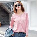 TuangBiang 2022 Spring Female Slub Cotton V-neck Long Sleeve T-Shirt Women Gem Buttons Navy Blue Tops Fashion Stitching T Shirt