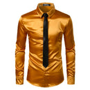 2pcs Silver Silk Shirt+Tie Mens Satin Smooth Tuxedo Shirts Casual Button Down Men Dress Shirts Wedding Party Prom Chemise Homme