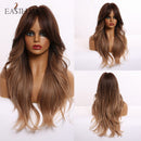 EASIHAIR Long Ombre Brown Wavy Synthetic Wigs for Women Wigs with Bangs Heat Resistant Blonde Cosplay Wigs Daily Natural Hair