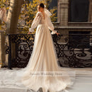Romantic Flower Lace Wedding Dress Princess Bridal Gowns Long Sleeves V Neck See-through A Line Sweep Train Wedding Dresses