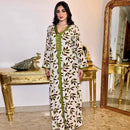 Siskakia Middle East Women Long Dress Ribbon V Neck Full Sleeve Leaves Print Maxi Dresses Turkey Arabic Dubai Muslim Clothing