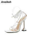 Aneikeh 夏季女士凉鞋，基本款 PU 时尚交叉绑带细高跟鞋，系带派对高跟鞋，尺码 35-42，黑色、白色、杏色