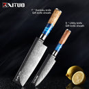 XITUO Kitchen Knives-Set Damascus Steel Chef Knife Cleaver Paring Utility Bread Knife Cooking Tool Blue Resin Handle 1-6Pcs/Set