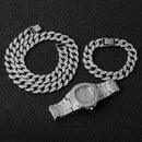 Necklace +Watch+Bracelet Hip Hop Miami Curb Cuban Chain Gold Color Iced Out Paved Rhinestones CZ Bling Rapper For Men Jewelry