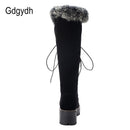 Gdgydh系带冬季女鞋雪地靴真皮草靴女式过膝绒面厚跟保暖户外带拉链大码43码