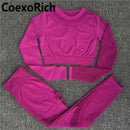 Yoga Set Women Fitness Gym Clothing Sport Suit Seamless Hollow Out Long Sleeve Crop Top High Waist Workout Leggings Sportwear