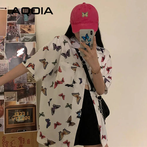 Chic Vitage Short Sleeve Loose Women Blouse Shirt Y2K Butterfly Printing Button Up Pockets Womens Shirts 2022 Summer Y2K Tops
