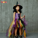 Girls Halloween Witch Tutu Dress Rainbow Trailing Tulle Kids Carnival Cosplay Party Dress Children Fancy Ball Gown Dress Costume