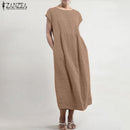 ZANZEA 2023 Summer Midi Dress Womens Sundress Vintage Short Sleeve Shirt Vestido Elegant Female O Neck Pleated Robe