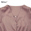 Bclout Elegant Satin Single-Breasted Shirt Dress Fashion Beige Slim V Neck Long Dresses Woman Latern Sleeve Autumn Winter Robe