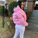 Fashion Cute Women Bright PU Pink Puffer Jacket Winter Warm Bubble Coats Shiny Leather Parkas Down Zipper Cropped Jackets Parkas